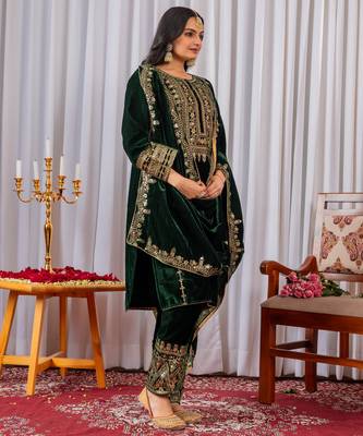 Green velvet  embroidery work party wear suit- full free size 4
