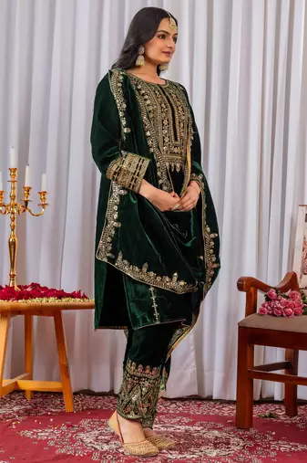 Green velvet designer embroidery work party wear suit- full free size