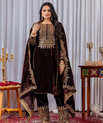 Maroon velvet  embroidery work party wear suit - full free size 1