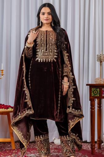 Maroon color velvet designer embroidery work party wear suit - full stitched free size