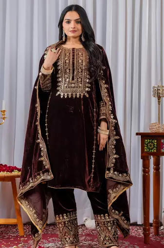 Maroon color velvet designer embroidery work party wear suit - full stitched free size
