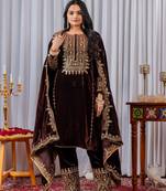 Maroon color velvet designer embroidery work party wear suit - full stitched free size