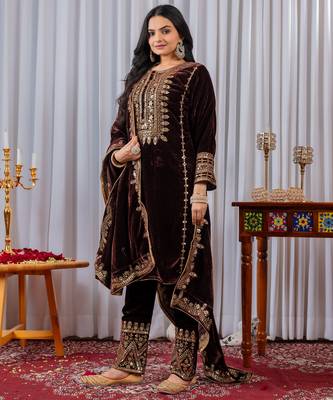 Maroon velvet  embroidery work party wear suit - full free size 3