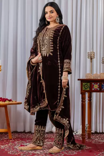Maroon velvet designer embroidery work party wear suit - full free size