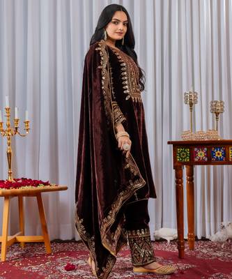 Maroon velvet  embroidery work party wear suit - full free size 4