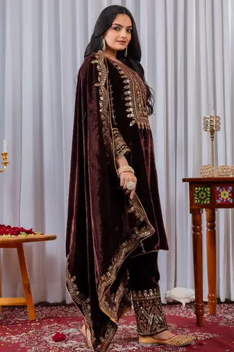 Maroon velvet designer embroidery work party wear suit - full free size