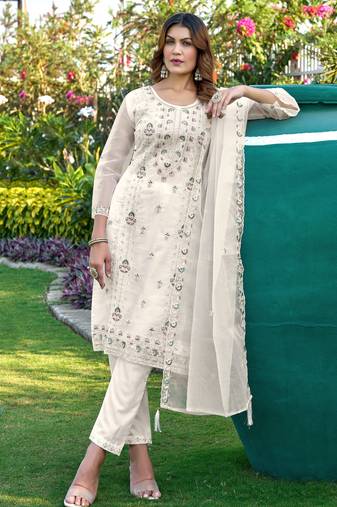 Off white color embroideried faux georgette semi stitched salwar suit