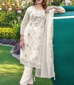 Off white color embroideried faux georgette semi stitched salwar suit