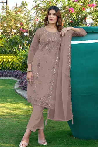 Chiku color embroideried faux georgette semi stitched salwar suit