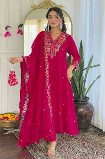 Women's Beautiful Embroidery Work Vichitra Silk Fabric Straight Kurta Pant and Dupatta Set