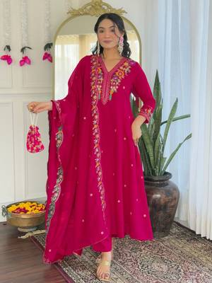  Embroidery Work Vichitra Silk Straight Kurta Pant and Dupatta Set 1