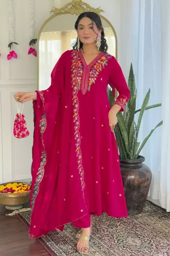 Women's Beautiful Embroidery Work Vichitra Silk Fabric Straight Kurta Pant and Dupatta Set