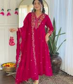  Embroidery Work Vichitra Silk Straight Kurta Pant and Dupatta Set
