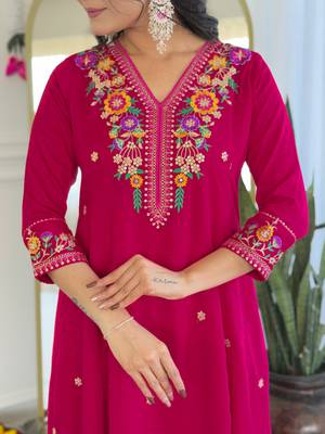  Embroidery Work Vichitra Silk Straight Kurta Pant and Dupatta Set 2