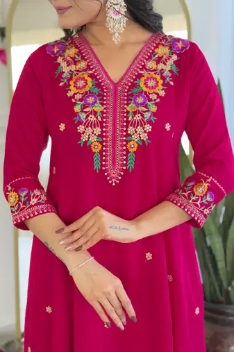  Embroidery Work Vichitra Silk Straight Kurta Pant and Dupatta Set