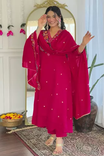  Embroidery Work Vichitra Silk Straight Kurta Pant and Dupatta Set