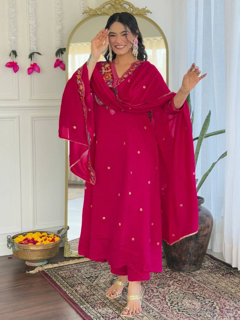 Women's Beautiful Embroidery Work Vichitra Silk Fabric Straight Kurta Pant and Dupatta Set