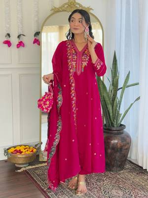  Embroidery Work Vichitra Silk Straight Kurta Pant and Dupatta Set 5