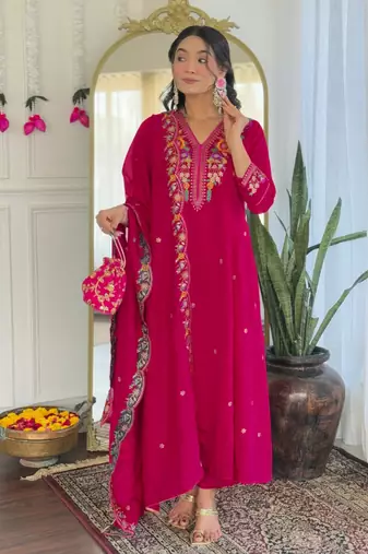  Embroidery Work Vichitra Silk Straight Kurta Pant and Dupatta Set