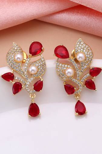Red color american diamond earrings