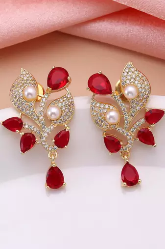 Red color american diamond earrings