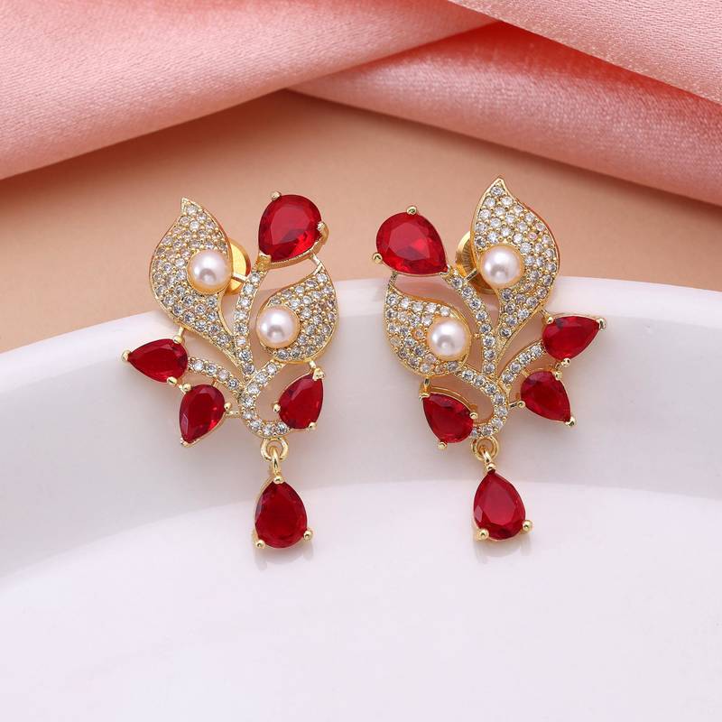 Red color american diamond earrings