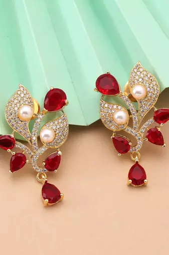 Red color american diamond earrings