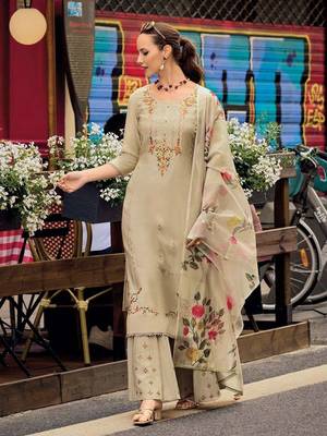 Trendmalls Beige Cotton Silk Hand Work Embroidery Kurta Palazzo Set with Printed Dupatta 1