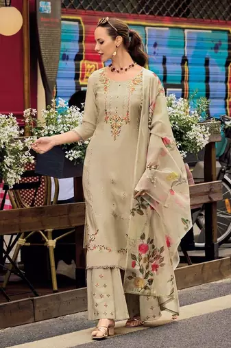 Beige Cotton Silk Hand Work Embroidery Kurta Palazzo Set with Printed Dupatta