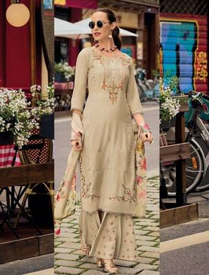 Trendmalls Beige Cotton Silk Hand Work Embroidery Kurta Palazzo Set with Printed Dupatta 2