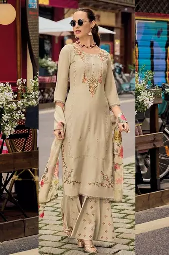 Trendmalls Beige Cotton Silk Hand Work Embroidery Kurta Palazzo Set with Printed Dupatta