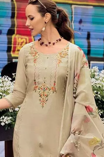 Trendmalls Beige Cotton Silk Hand Work Embroidery Kurta Palazzo Set with Printed Dupatta