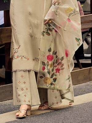 Trendmalls Beige Cotton Silk Hand Work Embroidery Kurta Palazzo Set with Printed Dupatta 4
