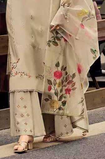 Trendmalls Beige Cotton Silk Hand Work Embroidery Kurta Palazzo Set with Printed Dupatta