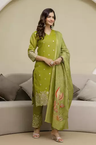 Green mehendi Look Art Silk Embroidery Sequence Work Salwar Suit Set Kurta Pant with Dupatta