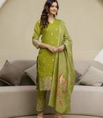 Trendmalls Green mehendi Look Art Silk Embroidery Sequence Work Salwar Suit Set Kurta Pant with Dupatta