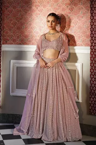Pink Georgette Sequin Embroidery Work Lehenga Choli with Dupatta For Women