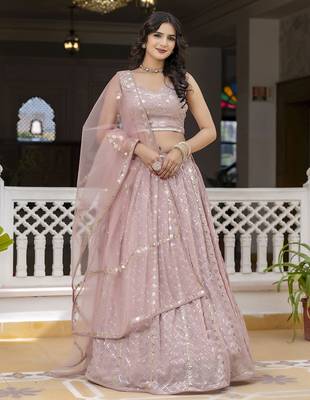 Pink Georgette Sequin Embroidery Work Lehenga Choli with Dupatta For Women 1