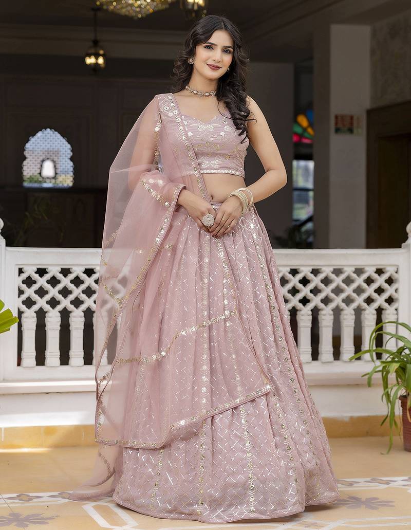 Pink Georgette Sequin Embroidery Work Lehenga Choli with Dupatta For Women