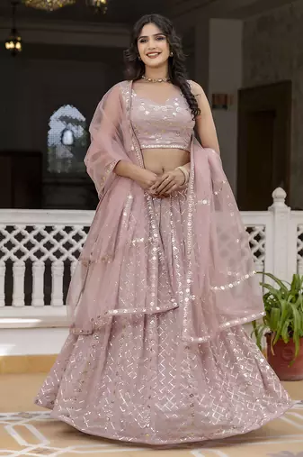Pink Georgette Sequin Embroidery Work Lehenga Choli with Dupatta For Women