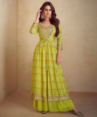 lemon embroidered silk palazzo suit-Full Stitched Free size 1