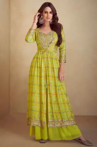 Lemon green digital print indowestern wedding collection free size upto 42
