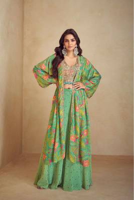 Green indo western crop top palazzo-Full Stitched Free size 1
