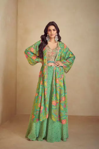 Olive green digital print indowestern wedding collection free size upto 42