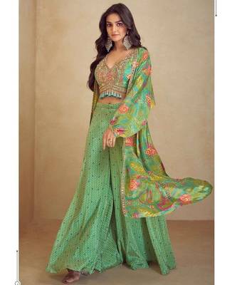 Green indo western crop top palazzo-Full Stitched Free size 2