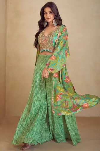 Green indo western crop top palazzo-Full Stitched Free size