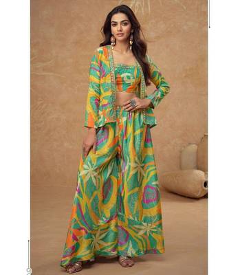 Green indo western crop top palazzo-Full Stitched Free size 1