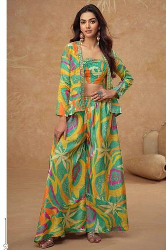Parrot green digital print indowestern wedding collection free size upto 42