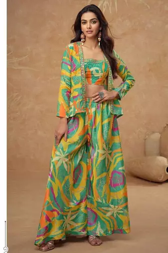 Parrot green digital print indowestern wedding collection free size upto 42