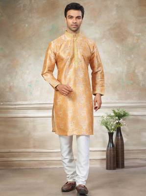 Yellow colour cotton with embroidery work kurta payjama menswear collections 1